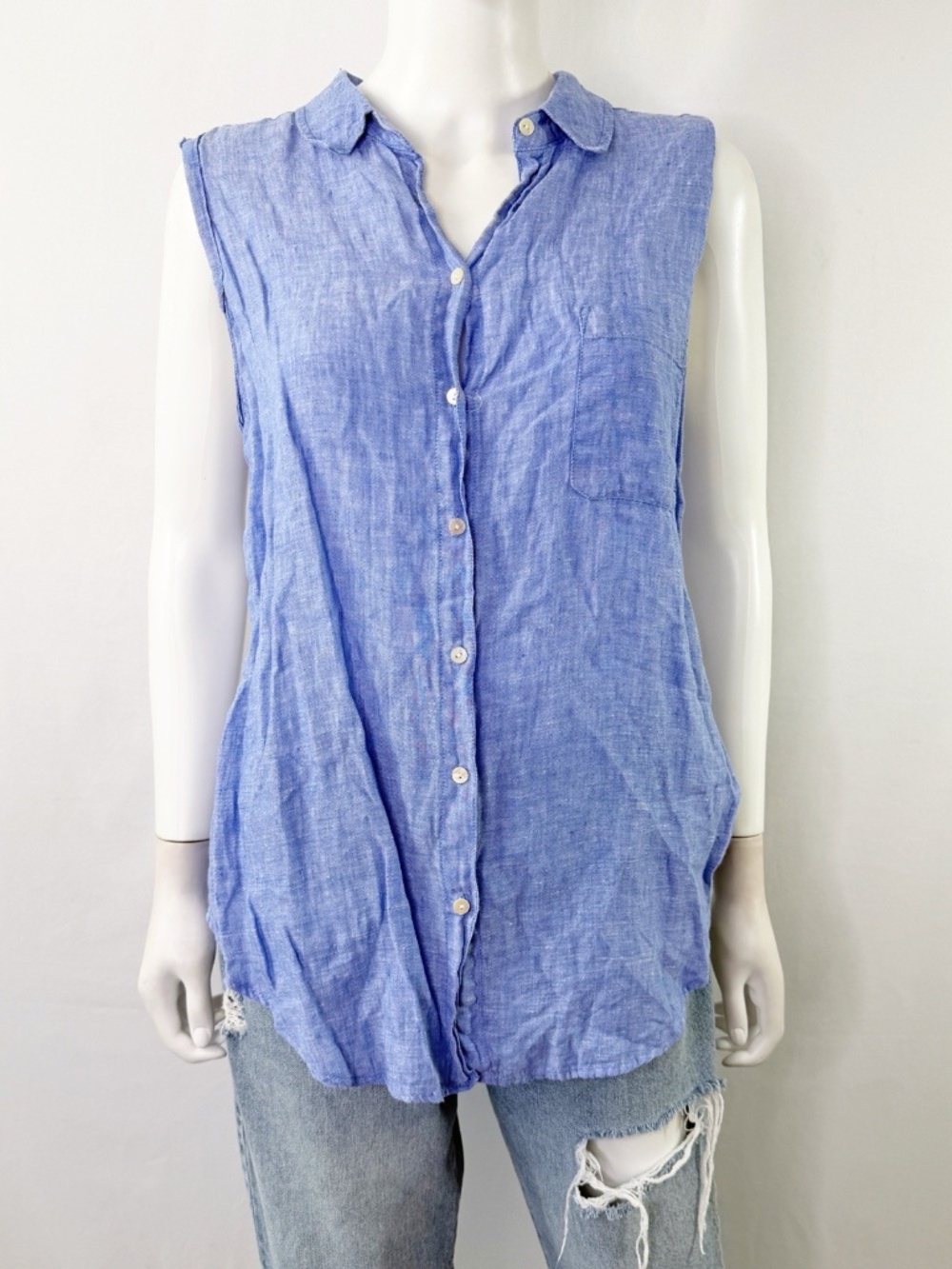 Lilly Pulitzer Blue Sleeveless Linen Shirt Size L Casual Collared Button Down